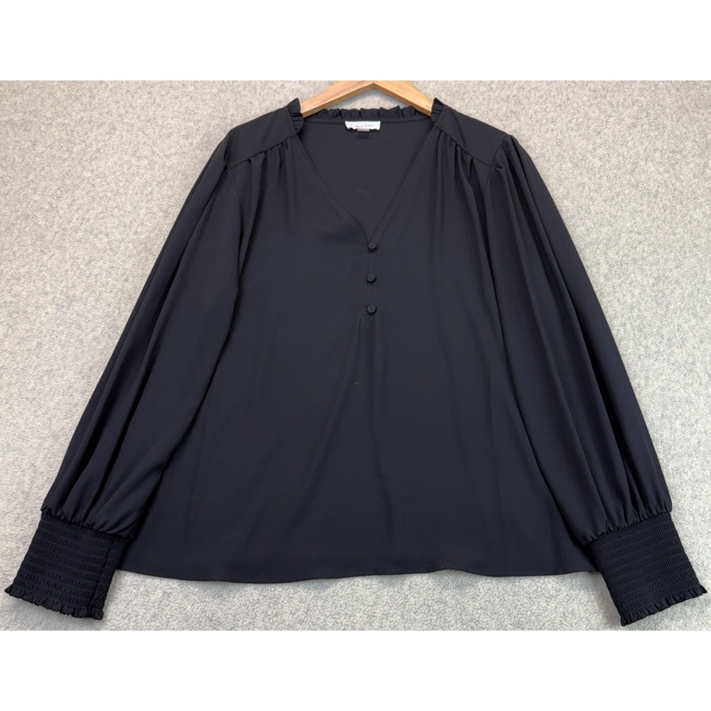 Calvin Klein Womens V-Neck Blouse Black Elegant Smocked Cuffs Long Sleeve XL